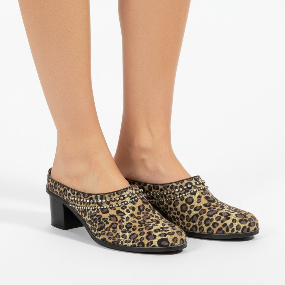 Ashro Women’s Leopard Printed Rhinestone Denim Heel Mules Slip On Clogs Size 8.5